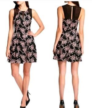 Guess Women's Printed Floral  Illusion-Trim Dress Black Pink Size 8